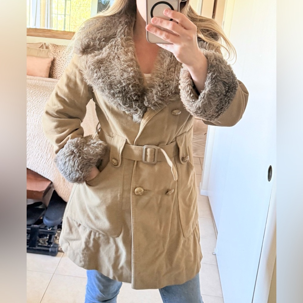 Vintage Penny Lane Coat with Removable Faux Fur Collar and Fur Cuffs